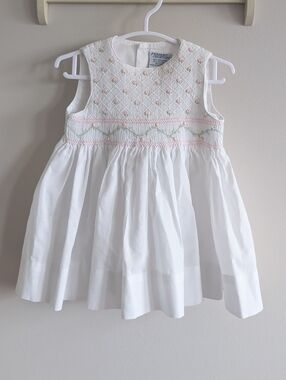 Baby Girl White Smocked Dress with Pastel Embroidery - 6M